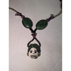 Sugar Skull Day of Dead Necklace Green Purple Stone Costume Jewelry Halloween